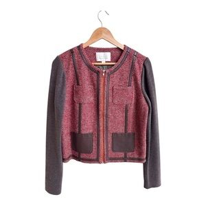 Hinge Red Brown Tweed Full Zip Long Sleeve Round Neck Womens Size M Knit Blazer